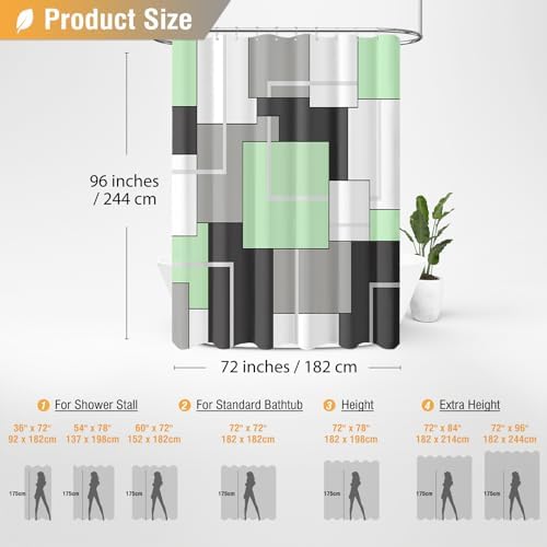 BTTN 72 x 96 Long Geometric Waterproof Fabric Shower Curtain, Mint Green