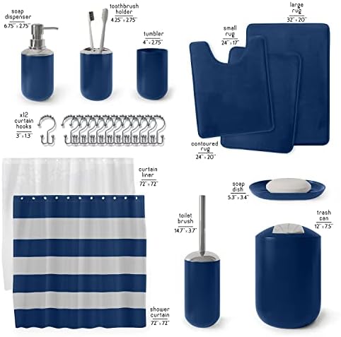 Clara Clark Bathroom Set - Navy Bathroom Accessories Set, Bathroom Sets with Shower Curtain and Rugs, 23PC Shower Curtain Set with Liner, Soap Dispenser, Soap Dish, Toilet Brush Holder, and Trash Can