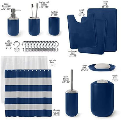 Clara Clark Bathroom Set - Navy Bathroom Accessories Set, Bathroom Sets with Shower Curtain and Rugs, 23PC Shower Curtain Set with Liner, Soap Dispenser, Soap Dish, Toilet Brush Holder, and Trash Can
