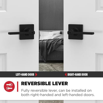 Kwikset Casey Hallway Passage and Bed/Bath Privacy Door Handle 2 Pack, 1 Pack Passage Levers and 1 Pack Privacy Levers, Matte Black Reversible Interior Handles, with Microban