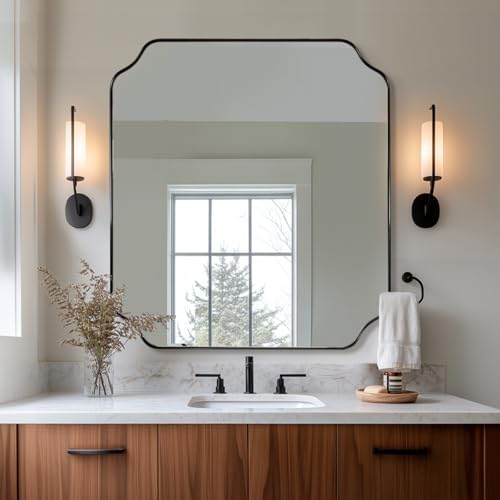 ANDY STAR 36x40 Inch Bathroom Mirror, Large Black Vanity Mirror for Wall, Modern Scalloped Mirror in Premium Stainless Steel Metal Thin Frame, Unique Rounded Notched Corners, Vertically/Horizontally