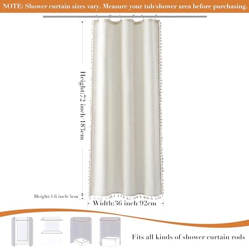 Nanspring Stall Natural Boho Linen Shower Curtain 36 Inch Rustic Cottagecore Narrow Fabric Shower Curtain Set with Hooks for Bathroom Modern Farmhouse Camper RV Tassel Bath Curtain 36x72, Cream