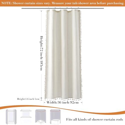 Nanspring Stall Natural Boho Linen Shower Curtain 36 Inch Rustic Cottagecore Narrow Fabric Shower Curtain Set with Hooks for Bathroom Modern Farmhouse Camper RV Tassel Bath Curtain 36x72, Cream