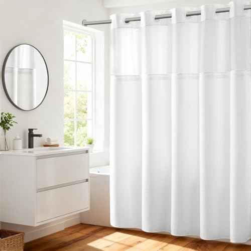 RiverDream Heavyweight Waffle No Hook Shower Curtain with Liner,White,71x77
