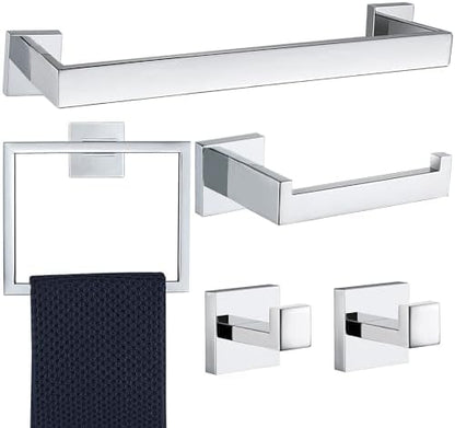 5 Pieces Bathroom Hardware Accessories Set Polished Chrome, 16Inch Bathroom Towel Rack Set SUS304 Stainless Steel, Square Bath Towel bar Set Heavy Duty, Wall Mounted