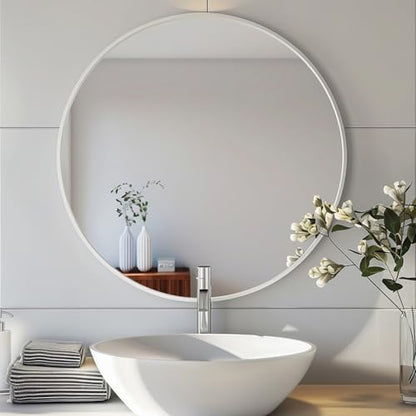Sunniry Round Mirror 28 inch, Round White Mirror, Matte White Metal Frame