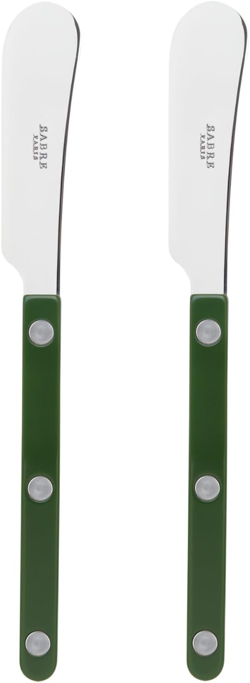 Sabre Paris - Set of 2 Spreader Knives 5.5 inches - Bistrot Collection - Perfect for Butter, Tapenades, Spreads - Stainless Steel & Nylon - Dishwasher Safe - Green - Brilliant Finish