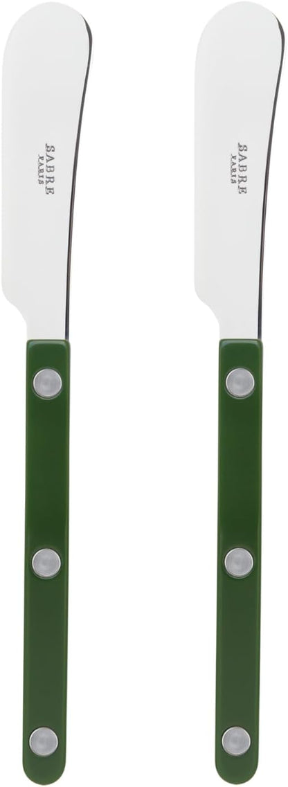 Sabre Paris - Set of 2 Spreader Knives 5.5 inches - Bistrot Collection - Perfect for Butter, Tapenades, Spreads - Stainless Steel & Nylon - Dishwasher Safe - Green - Brilliant Finish