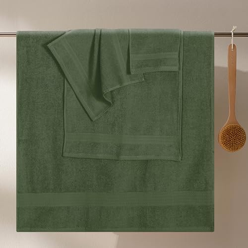 GLAMBURG Ultra Soft 8-Piece Towel Set - 100% Pure Ring spun Cotton, Contains 2 Oversized Bath Towels 27x54, 2 Hand Towels 16x28, 4 Wash Cloths 13x13 - Ideal for Everyday use, Hotel & Spa - Olive Green