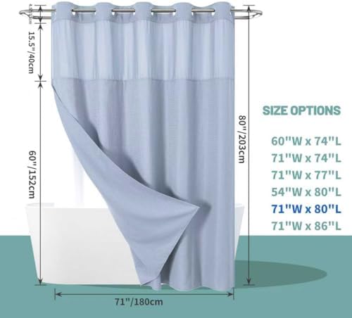 eachope FrostBlue Long No Hook Waffle Weave Shower Curtain with snap-in Liner Replacement, 230GSM Waterproof Fabric Hotel Shower Curtain Set for Bathroom, Through Mesh Top Window,71Wx80H