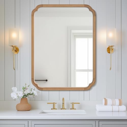 WallBeyond 28" x 40" Rounded Corner Arch Wall Mirror with Wood Frame for Entryway, Living Room or Bedroom Home Decor - Light Woodgrain [28 x 40 inches, Honey-Colored]