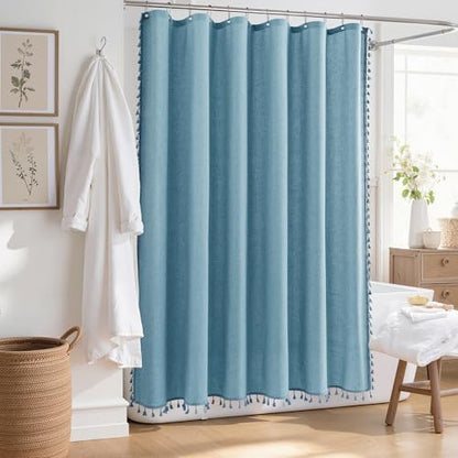 Nanspring Extra Long Blue Boho Linen Shower Curtain 84 Inch Weighted Tassel Cloth Textured Chic Bohemian Shower Curtain Set with Hooks Modern Vintage Country Aesthetic Decor for Bathroom 72x84