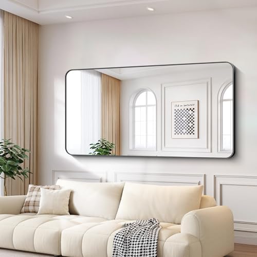 FORBATH Large Bathroom Mirror 72x36 Inches, Black Oversized Wall Mirror for 2 Sinks Aluminum Frame Full Length Rounded Corner Morndern Mirror for Bathroom Bedroom Entryway Living Room
