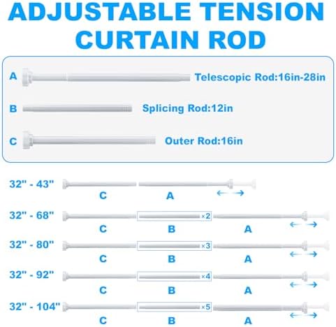 TEECK Shower Curtain Rod, 32-43 inch Adjustable Spring Tension Curtain Rod, Never Rust Anti-Slip Shower Curtain Rod for Bathroom, No Drilling, Never Collapse, Easy to Use, White