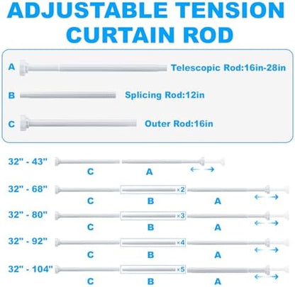 TEECK 2 Pack Shower Curtain Rod, 32-68 inch Adjustable Spring Tension Curtain Rod, Never Rust Anti-Slip Shower Curtain Rod for Bathroom, No Drilling, Never Collapse, Easy to Use, White