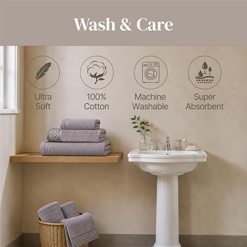 Modern Threads 6 Piece Bath Towel Set – Bathroom Towel Set with 2 Bath Towels, 2 Hand Towels & 2 Washcloths – 100% Cotton, Soft & Absorbent – Diamond Border (Silver Cloud)