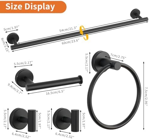 5-Piece Matte Black Bathroom Hardware Set, Towel Racks Set for Bathroom SUS304 Stainless Steel Toilet Paper Holder Wall Mounted, 24 Inch Modern Bathroom Accessories Kit