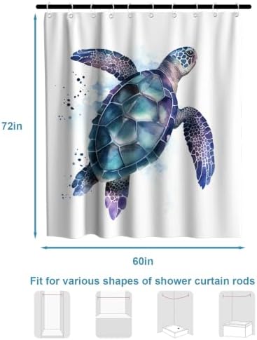 Funny Sea Turtle Shower Curtains Ocean Animal Cartoon Kids Theme Cloth Fabric Bathroom Decor Sets with Hooks Waterproof Washable 60W x 72H inches Teal Purple