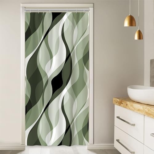 Sage Green Striped Stall Shower Curtain with Hooks, 36x72 Inch