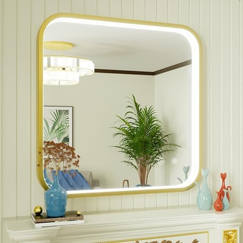 30"x30" Gold LED Bathroom Mirror with Lights,3000K/4500K/6000K