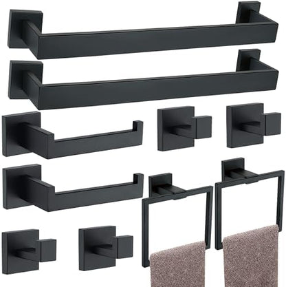 10 Pieces Bathroom Hardware Accessories Set Black, Bathroom Towel Rack Set SUS304 Stainless Steel, Square Bath Towel bar Set Heavy Duty, Wall Mounted