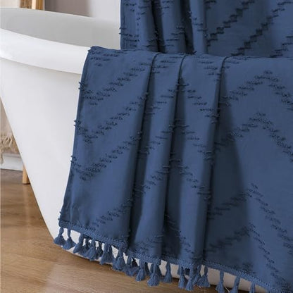 OWENIE Boho Shower Curtain, Dusty Blue Fabric Cloth Shower Curtains Farmhouse Tufted Chevron Striped Textured with Tassel for Bathroom, Soft Hotel Style Modern Minimalist, Machine Washable, 72x72