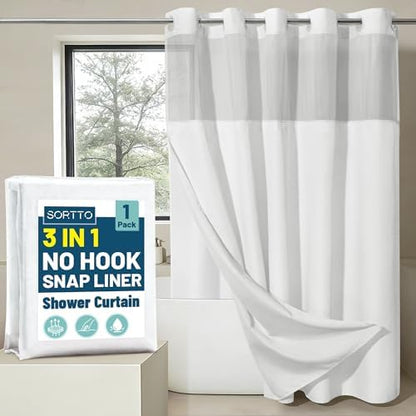 SORTTO No Hook Slub Shower Curtain with Liner, 71x77, White