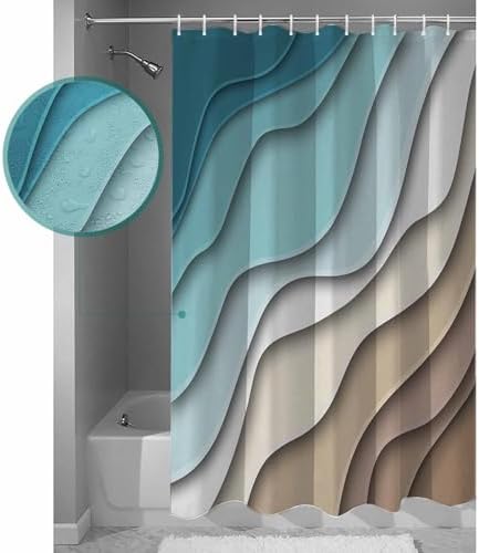 Shower Curtain Bathroom Set Teal Stripes Gradient Water Ripple Waterproof Shower Curtains with Grommets Hooks Brown Abstract Geometric Modern Art Privacy Bath Curtain for Bathtub Decor 72x78in
