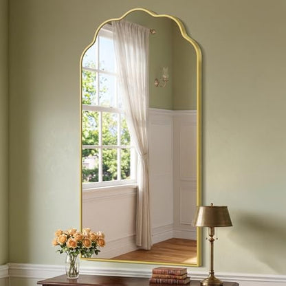 Gold Arched Mirror, 24×48Inch Scalloped Mirror for Bathroom, Wavy Wall Mounted Vanity Mirror with Aluminum Alloy Frame for Livingroom Bedroom and Entryway, Tempered Glass