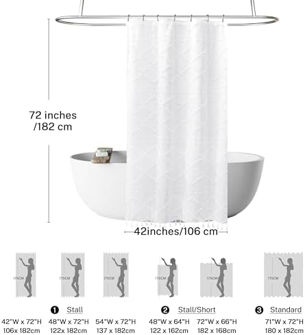 Stall Boho White Woven Fabric Shower Curtain with Tassels 42 x 72 Modern Farmhouse Minimalist Tufted Chevron Striped Shabby Chic Textured, Water Resistant Curtain for Bathroom, Hotel Decor