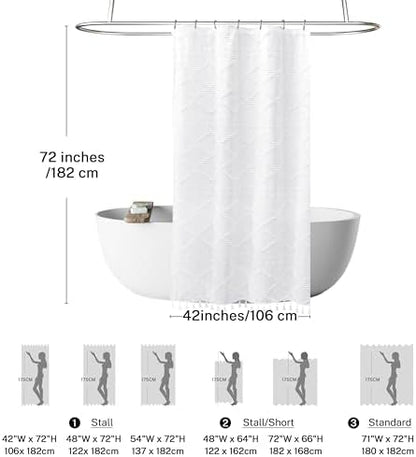 Stall Boho White Woven Fabric Shower Curtain with Tassels 42 x 72 Modern Farmhouse Minimalist Tufted Chevron Striped Shabby Chic Textured, Water Resistant Curtain for Bathroom, Hotel Decor