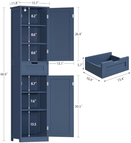 Iwell 66.9" Tall Bathroom Cabinet, Storage Cabinet with 2 Doors & 1 Drawer, Bathroom Storage Cabinets with Adjustable Shelves, for Living Room, Laundry Room, Home Office, Blue