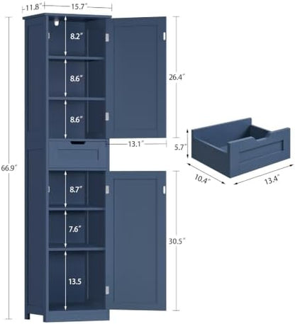 Iwell 66.9" Tall Bathroom Cabinet, Storage Cabinet with 2 Doors & 1 Drawer, Bathroom Storage Cabinets with Adjustable Shelves, for Living Room, Laundry Room, Home Office, Blue