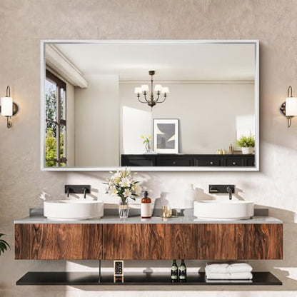 CIRCUMI 60"x36" Brushed Silver Bathroom Mirror, Double Sink Vanity Mirror