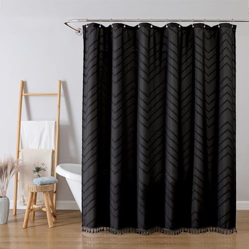 OWENIE Boho Shower Curtain, Black Fabric Cloth Shower Curtains Farmhouse Tufted Chevron Striped Textured with Tassel for Bathroom, Soft Hotel Style Modern Minimalist, Machine Washable, 72x72, Black