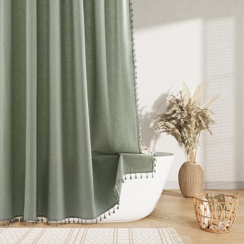 Nanspring Extra Long Sage Green Boho Linen Shower Curtain 96 Inch Length Neutral Faux Linen Simple Tassel Hotel Style Cloth Bath Curtain Set with Hooks Vintage Country Decor for Bathroom 72x96, Green