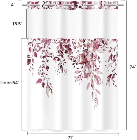 WITHLOC No Hook Shower Curtain with Liner, Eucalyptus Burgundy, 71x74