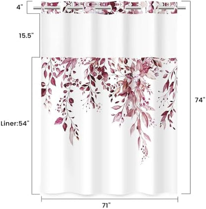 WITHLOC No Hook Shower Curtain with Liner, Eucalyptus Burgundy, 71x74