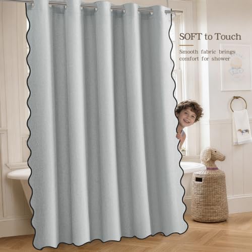 Furlinic Dusty Blue Shower Curtain Linen No Hook Waterproof Scalloped 55x78