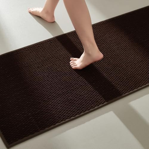 TYUU Bathroom Runner Rugs, Long Bath Mat Runner Washable Thin Quick Dry Low Pile Bathroom Runner Rugs Non Slip, Brown 24"x70"