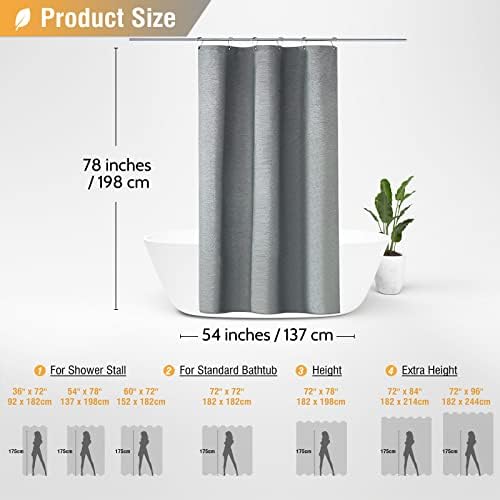 BTTN 54x78 Linen Textured Waterproof Fabric Shower Curtain Set, Grey/Gray