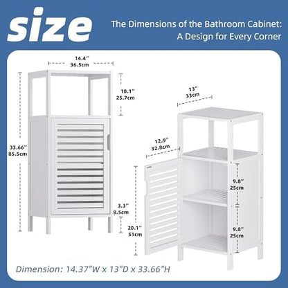 HITNET Bamboo Bathroom Storage Cabinet, 4 Tier Small White Floor Cabinet with Single Door, Free Standing Slim Narrow Storage Organizer for Living Room Entryway