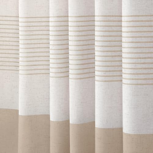Beige Boho Linen Striped Shower Curtain with Tassel 72" W X 72" L