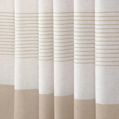 Beige Boho Linen Striped Shower Curtain with Tassel 72" W X 72" L