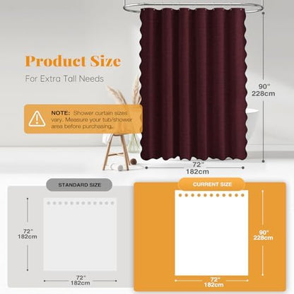 BTTN 72x90 Boho Scalloped Linen Textured Cloth Shower Curtain Set, Burgundy