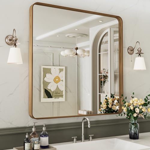 LOAAO 30X30 Bathroom Mirror, Wood Grain Colored Metal Frame