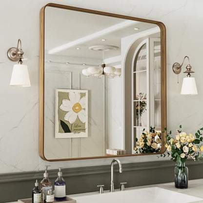 LOAAO 30X30 Bathroom Mirror, Wood Grain Colored Metal Frame