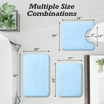 HUXMEYSON Bathroom Rugs Sets 3 Piece, Non-Slip & Quick Dry Bath Mat Set, Ultra Soft Velvet Bath Rugs for Bathroom, Toilet and Shower Floor, Light Blue
