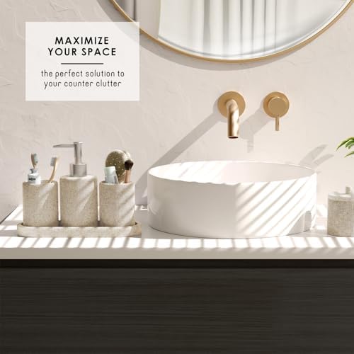 Clara Clark Bathroom Set - Beige Bathroom Accessories Set, 24PC Bathroom Accessory Set, Bathroom Sets with Shower Curtain Set, Adhesive Corner Shower Caddy Hanging & Soap Dispenser