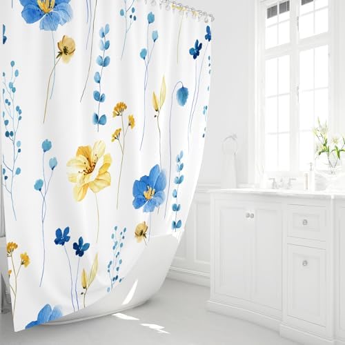 Gibelle Blue Yellow Watercolor Floral Fabric Shower Curtain, 72x72